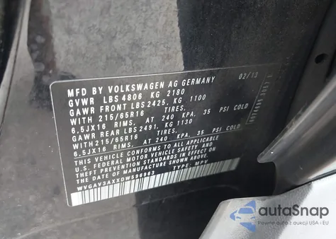 2013 Volkswagen Tiguan S z USA, uszkodzony, nr VIN WVGAV3AXXDW596963